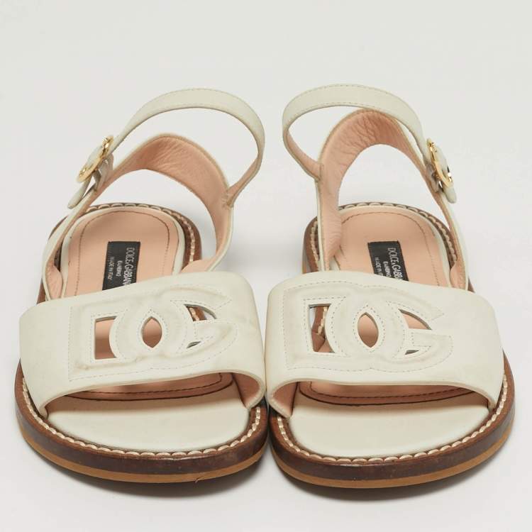 Pre Owned Dolce & Gabbana Size 31 White Leather DG Logo Ankle Strap Flat Sandals 