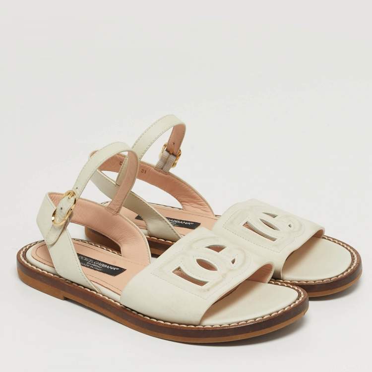 Pre Owned Dolce & Gabbana Size 31 White Leather DG Logo Ankle Strap Flat Sandals 