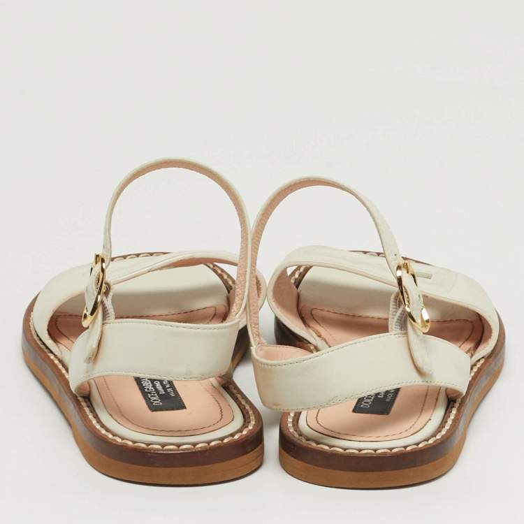 Pre Owned Dolce & Gabbana Size 31 White Leather DG Logo Ankle Strap Flat Sandals 