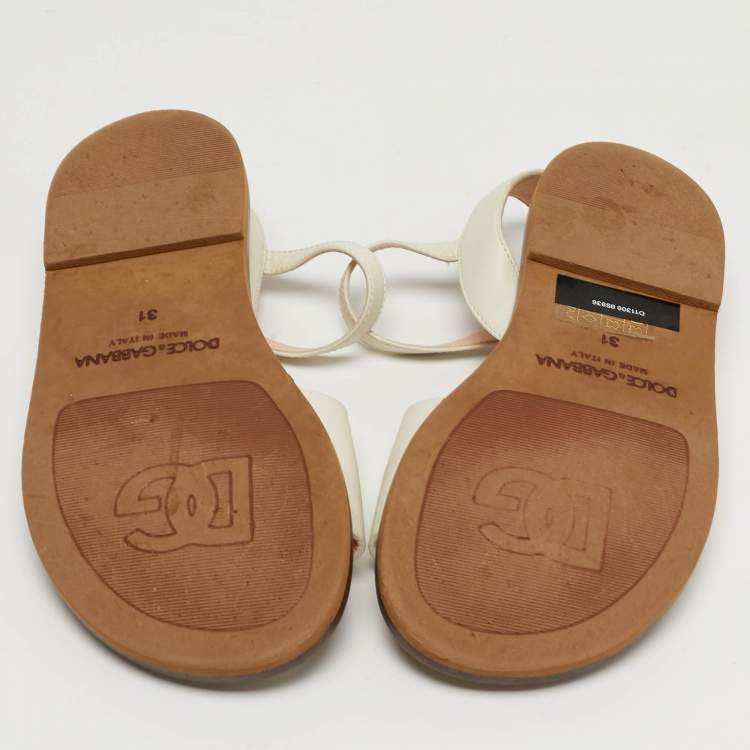 Pre Owned Dolce & Gabbana Size 31 White Leather DG Logo Ankle Strap Flat Sandals 