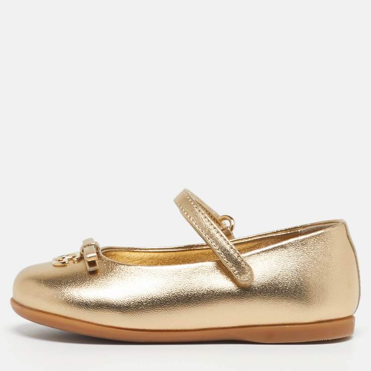 Pre Owned Dolce & Gabbana DG Logo Size 21 Gold Leather Ballet Flats