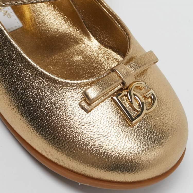 Pre Owned Dolce & Gabbana DG Logo Size 21 Gold Leather Ballet Flats
