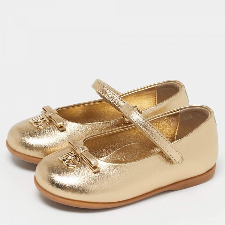Pre Owned Dolce & Gabbana DG Logo Size 21 Gold Leather Ballet Flats