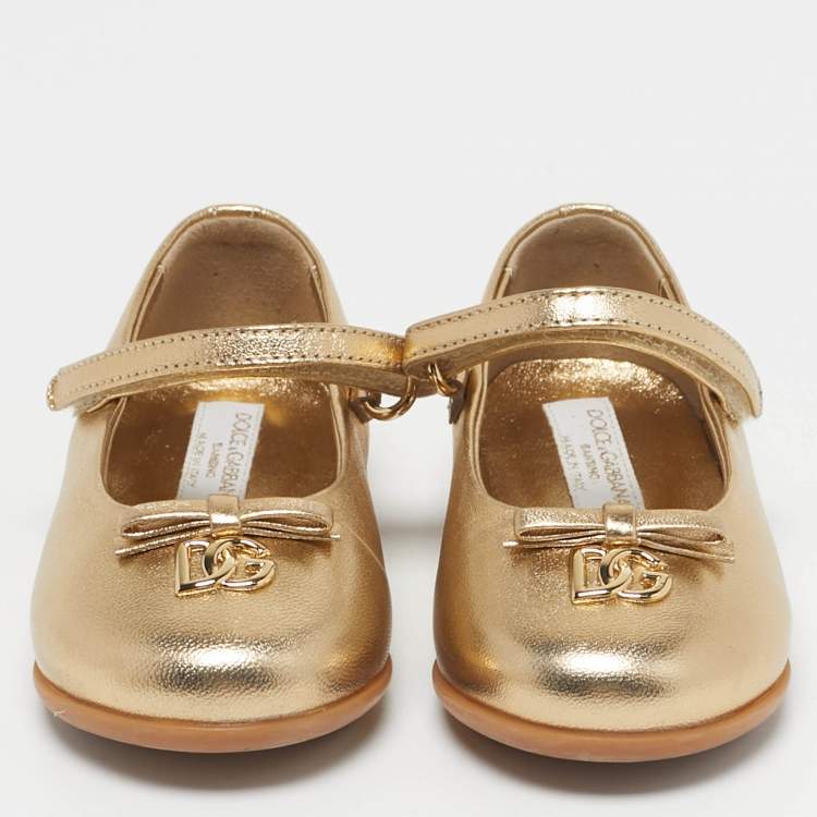 Pre Owned Dolce & Gabbana DG Logo Size 21 Gold Leather Ballet Flats