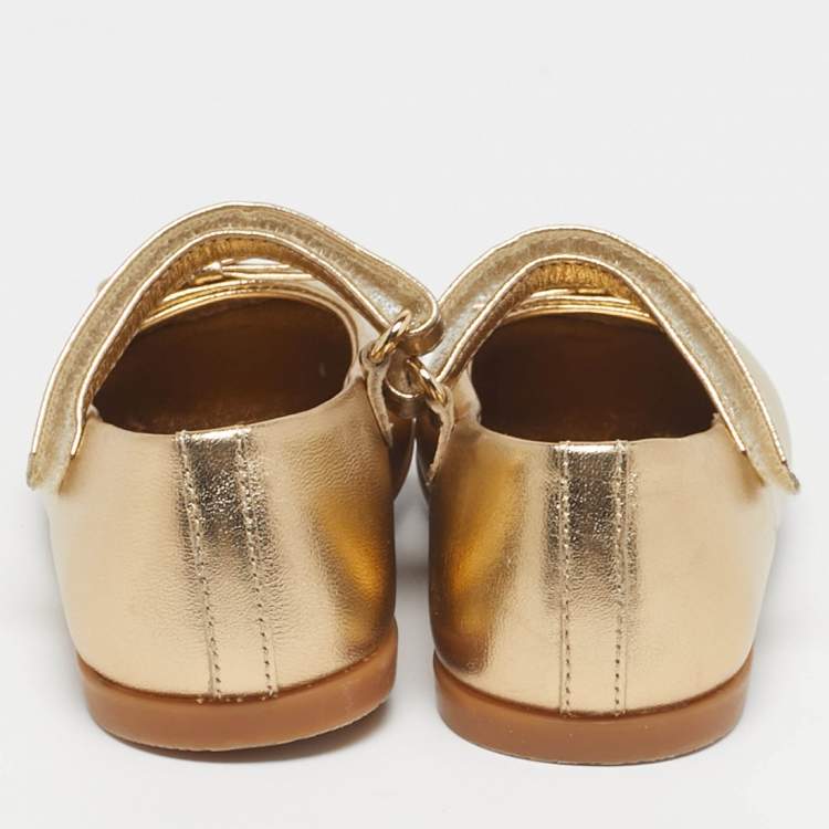 Pre Owned Dolce & Gabbana DG Logo Size 21 Gold Leather Ballet Flats