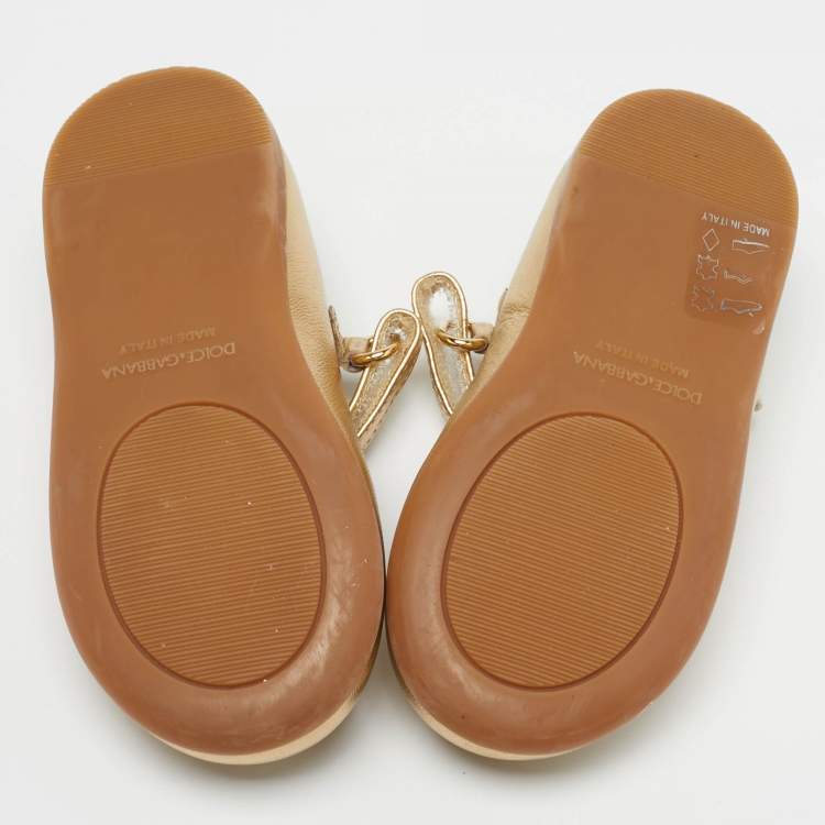 Pre Owned Dolce & Gabbana DG Logo Size 21 Gold Leather Ballet Flats