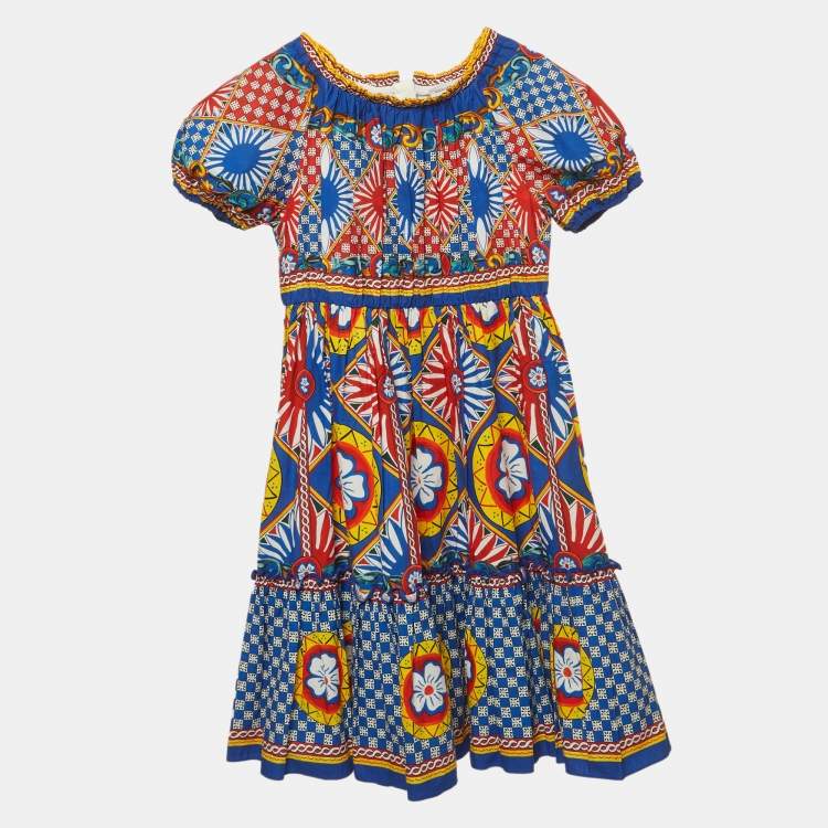 Pre Owned Dolce & Gabbana Kids Multicolour Carretto Print Cotton Flared Dress 7/8 Yrs