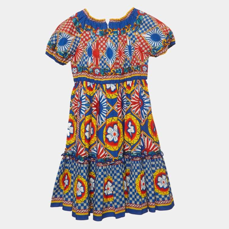 Pre Owned Dolce & Gabbana Kids Multicolour Carretto Print Cotton Flared Dress 7/8 Yrs