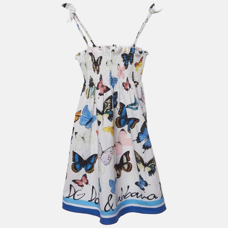 Pre Owned Dolce & Gabbana Kids White Butterfly Print Cotton Flared Dress 9/10 Yrs