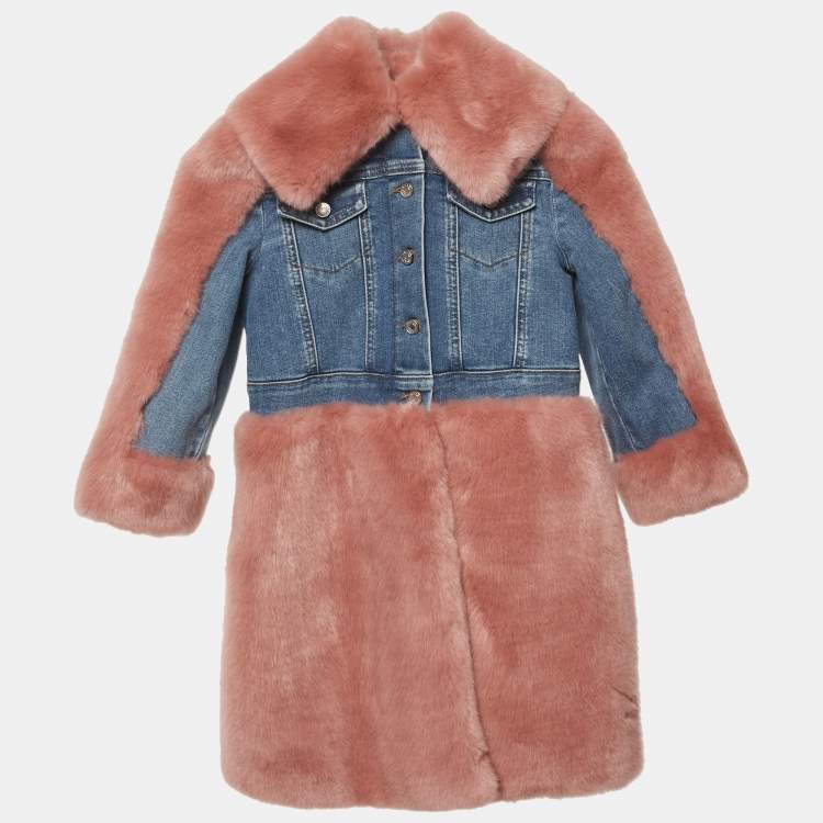 Pre Owned Dolce & Gabbana Kids Peach/Blue Denim & Fur Jacket Dress 3 Yrs 