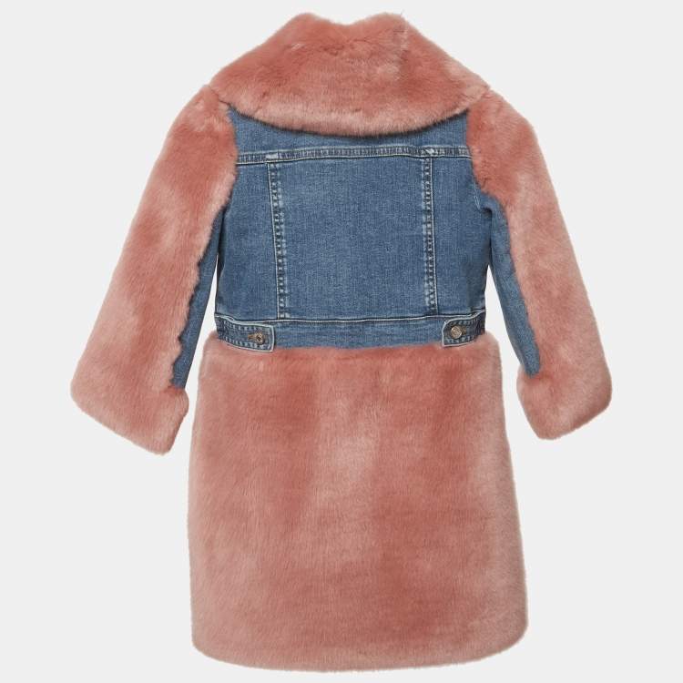 Pre Owned Dolce & Gabbana Kids Peach/Blue Denim & Fur Jacket Dress 3 Yrs 