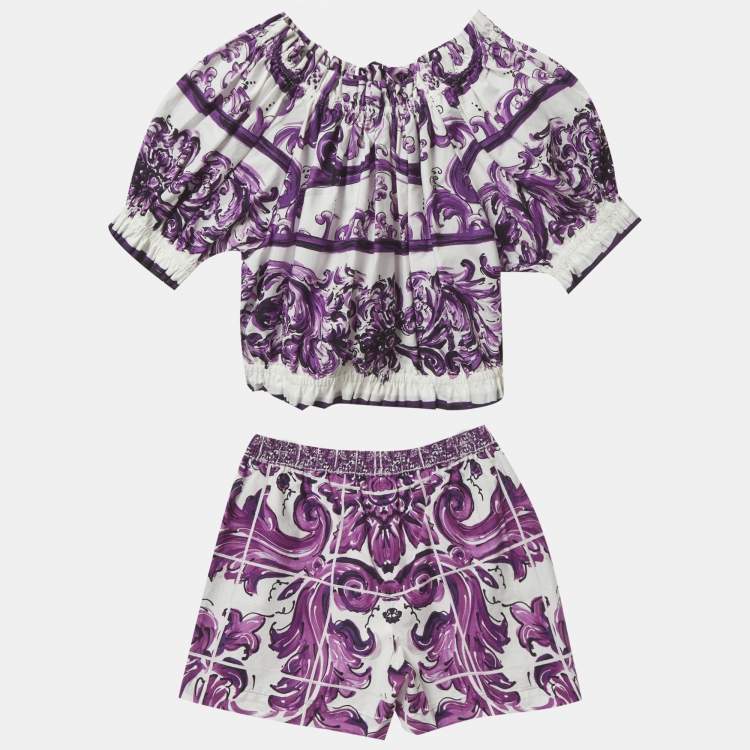 Pre Owned Dolce & Gabbana Kids White/Purple Majolica Print Cotton Top & Shorts Set 9/10 Yrs