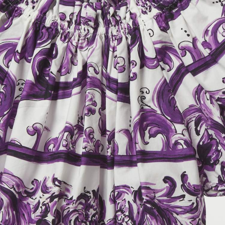 Pre Owned Dolce & Gabbana Kids White/Purple Majolica Print Cotton Top & Shorts Set 9/10 Yrs