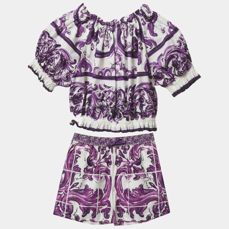Pre Owned Dolce & Gabbana Kids White/Purple Majolica Print Cotton Top & Shorts Set 9/10 Yrs