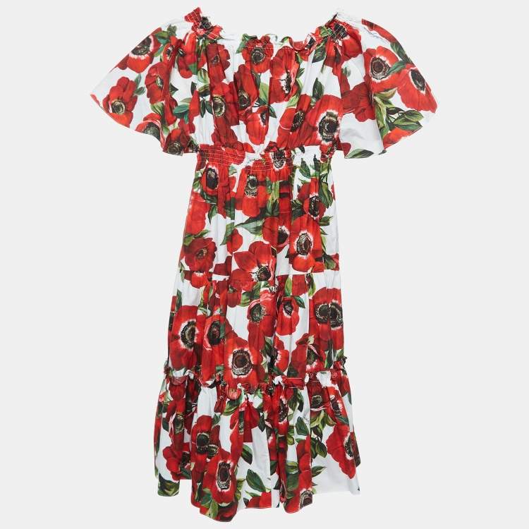 Pre Owned Dolce & Gabbana White/Red Floral Print Cotton Poplin Dress (7-8 Yrs)