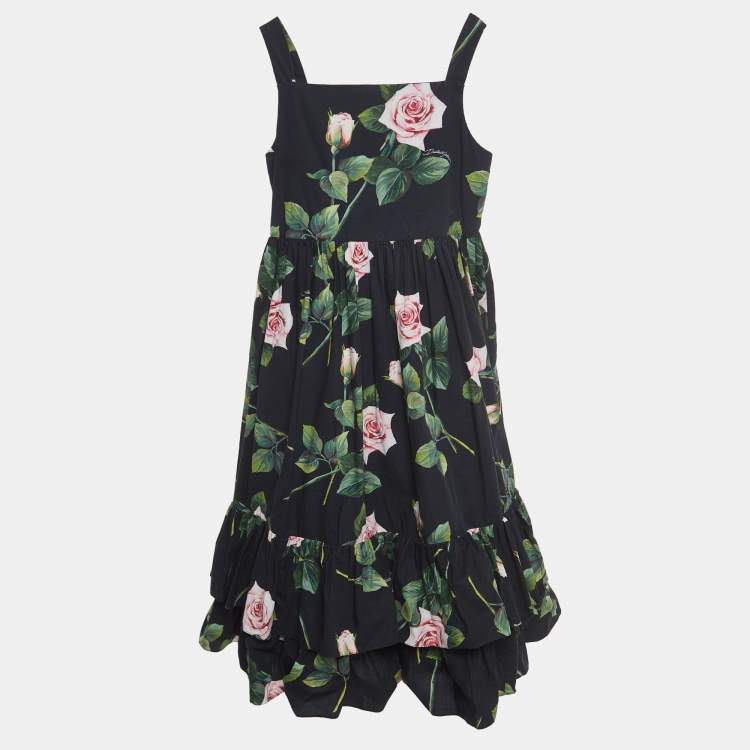Pre Owned Dolce & Gabbana Black Rose Print Cotton Poplin Dress (11-12 Yrs)