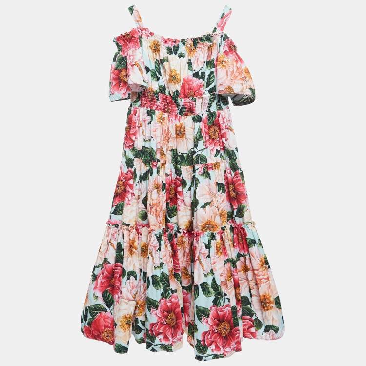 Pre Owned Dolce & Gabbana Blue/Multicolor Floral Printed Cotton Poplin Dress (11-12 Yrs)