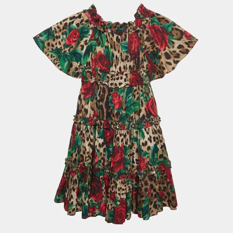 Pre Owned Dolce & Gabbana Brown Rose Leopard Print Cotton Poplin Dress (6 Yrs)