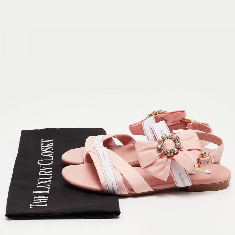 Pre Owned Dolce & Gabbana Pink Fabric Crystal Embellished Flat Sandals Size 35