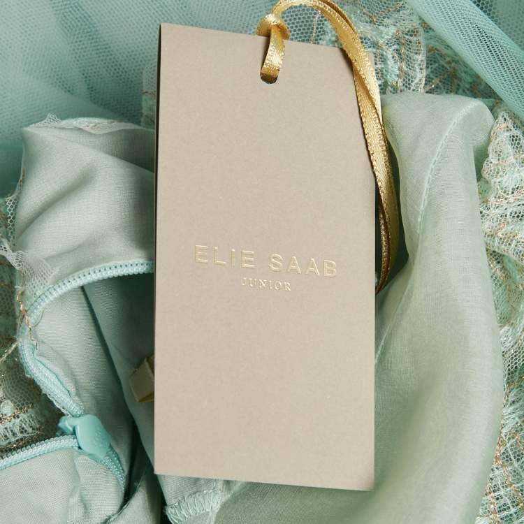 Pre Owned Elie Saab Junior Mint Green Lurex Lace Trim Tulle Dress 8 Yrs
