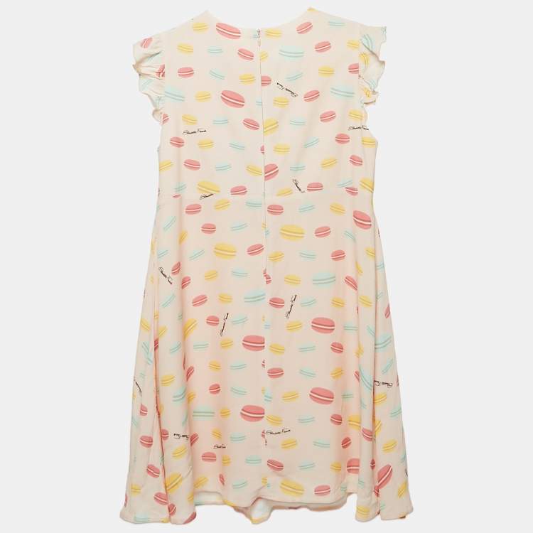 Pre Owned Elisabetta Franchi Kids Pink Macaroon Print Crepe Ruffled Dress XL