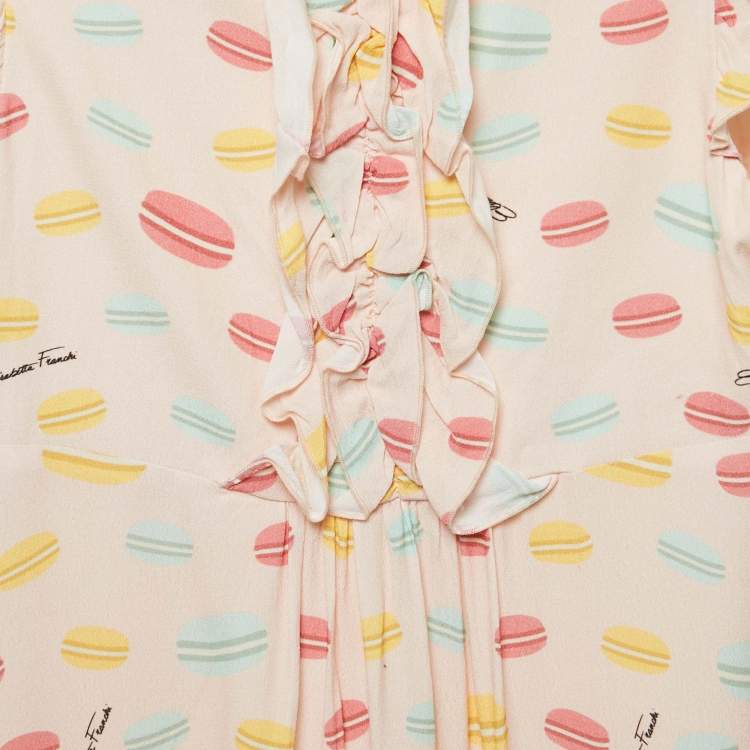 Pre Owned Elisabetta Franchi Kids Pink Macaroon Print Crepe Ruffled Dress XL