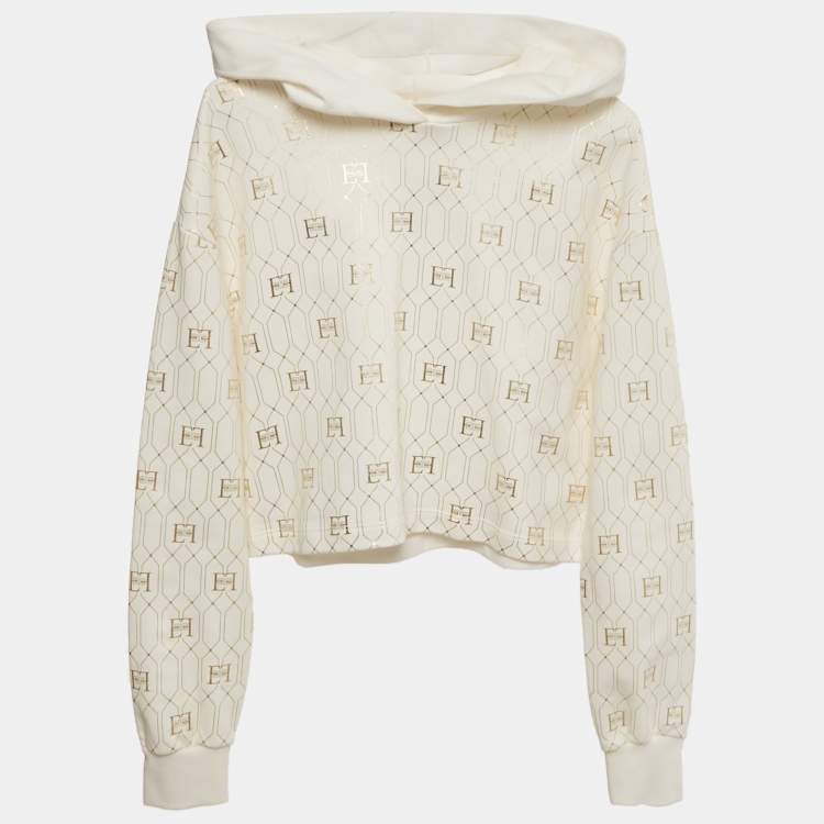 Pre Owned Elisabetta Franchi Kids White Foil Logo Print Cotton Cropped Hoodie 12+ Yrs
