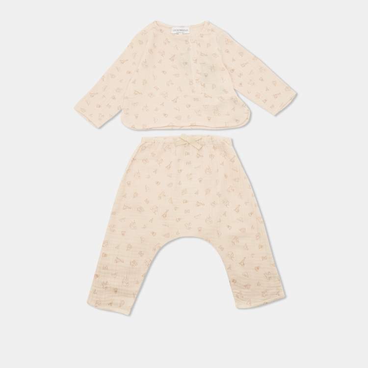 Pre Owned Emporio Armani Kids Pink Printed Cotton Top and Pants Set 6M