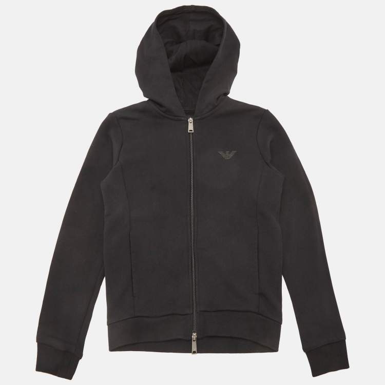 Pre Owned Emporio Armani Kids Black Cotton Knit Hooded Jacket 10 Yrs