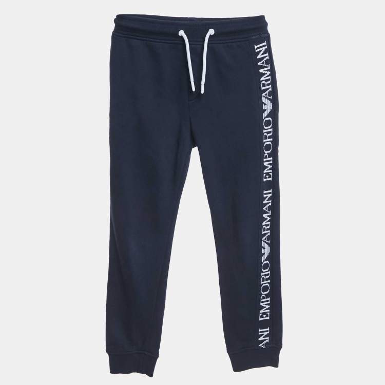 Pre Owned Emporio Armani Kids Navy Blue Logo Side Cotton Knit Sweatpants 7 Yrs