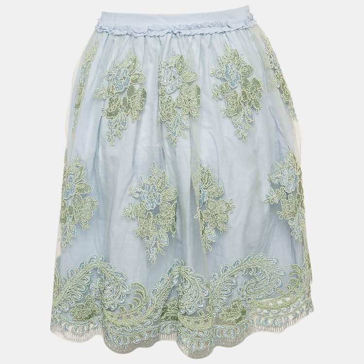 Pre Owned Ermanno Scervino Blue Embroidered Tulle Ruffled Skirt 10 Yrs