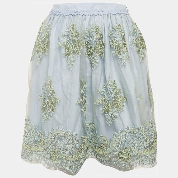 Pre Owned Ermanno Scervino Blue Embroidered Tulle Ruffled Skirt 10 Yrs