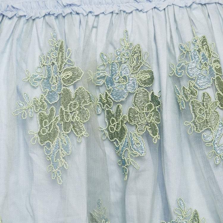 Pre Owned Ermanno Scervino Blue Embroidered Tulle Ruffled Skirt 10 Yrs