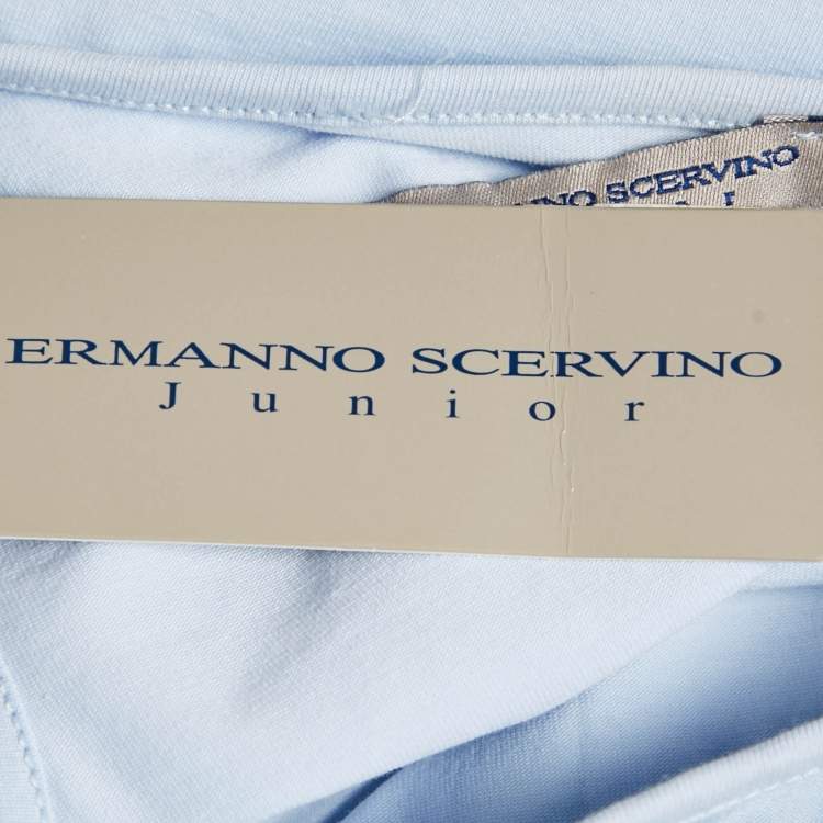 Pre Owned Ermanno Scervino Blue Sequin Crepe and Cotton Knit Sleeveless Top 10 Yrs