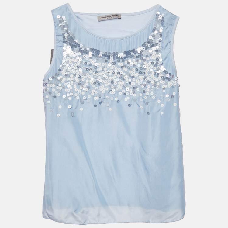 Pre Owned Ermanno Scervino Blue Sequin Crepe and Cotton Knit Sleeveless Top 10 Yrs