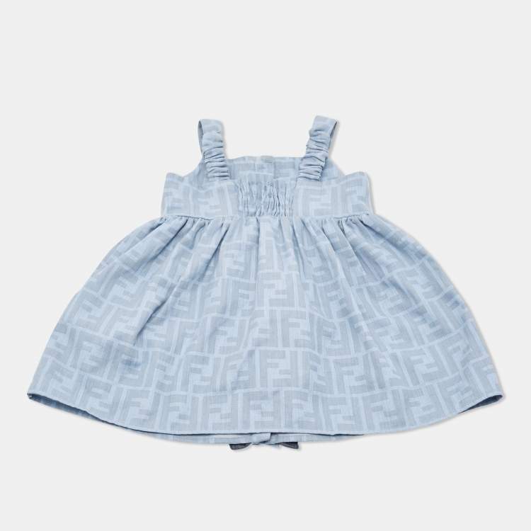 Pre Owned Fendi Kids Blue Logo Print Chambray Ruffled Detail Dress 6 Months 