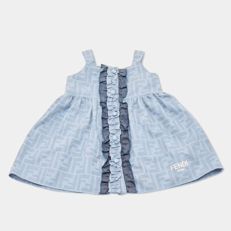Pre Owned Fendi Kids Blue Logo Print Chambray Ruffled Detail Dress 6 Months 