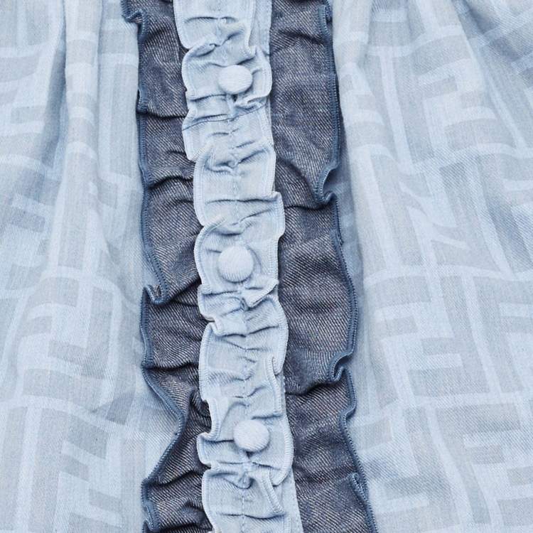 Pre Owned Fendi Kids Blue Logo Print Chambray Ruffled Detail Dress 6 Months 