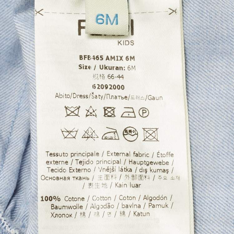 Pre Owned Fendi Kids Blue Logo Print Chambray Ruffled Detail Dress 6 Months 