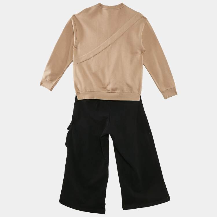 Pre Owned Fendi Kids Beige/Black Cotton Knit Baguette Bag Sweatshirt and Sweatpants Set 12+ Yrs