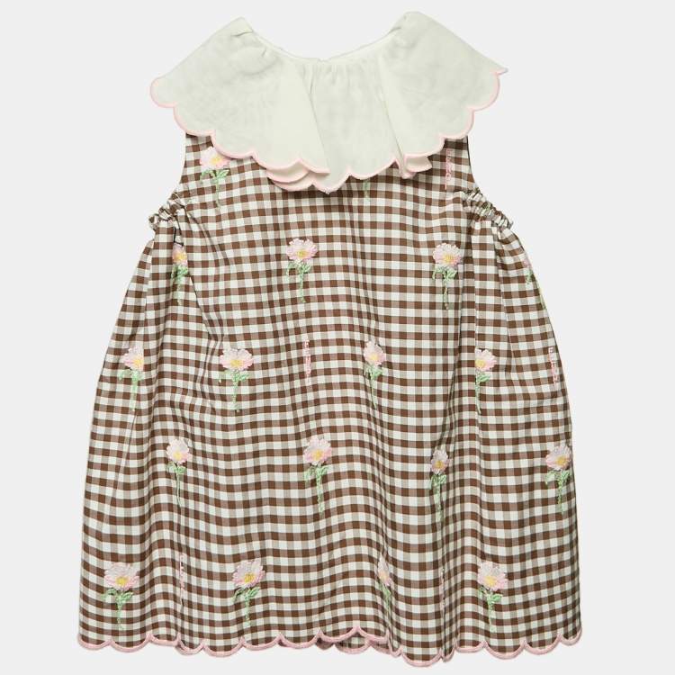 Pre Owned Fendi Brown Check Embroidered Dress 6M