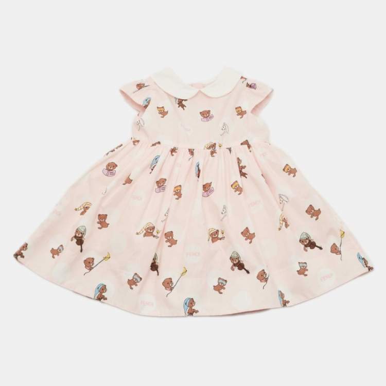 Pre Owned Fendi Kids Pink Teddy Pois Pop Print Cotton Dress Set 6M