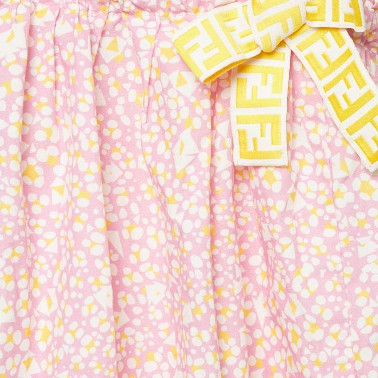 Pre Owned Fendi Kids Pink Printed Cotton FF Zucca Tape Detail Dress 12M