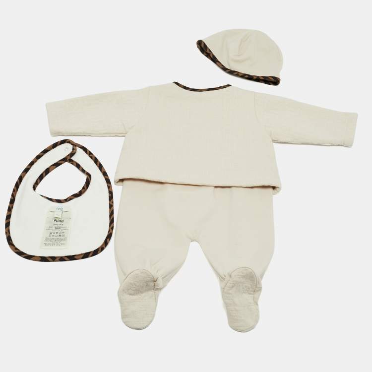 Pre Owned Fendi Beige FF Embossed Cotton Babygrow Set 3M
