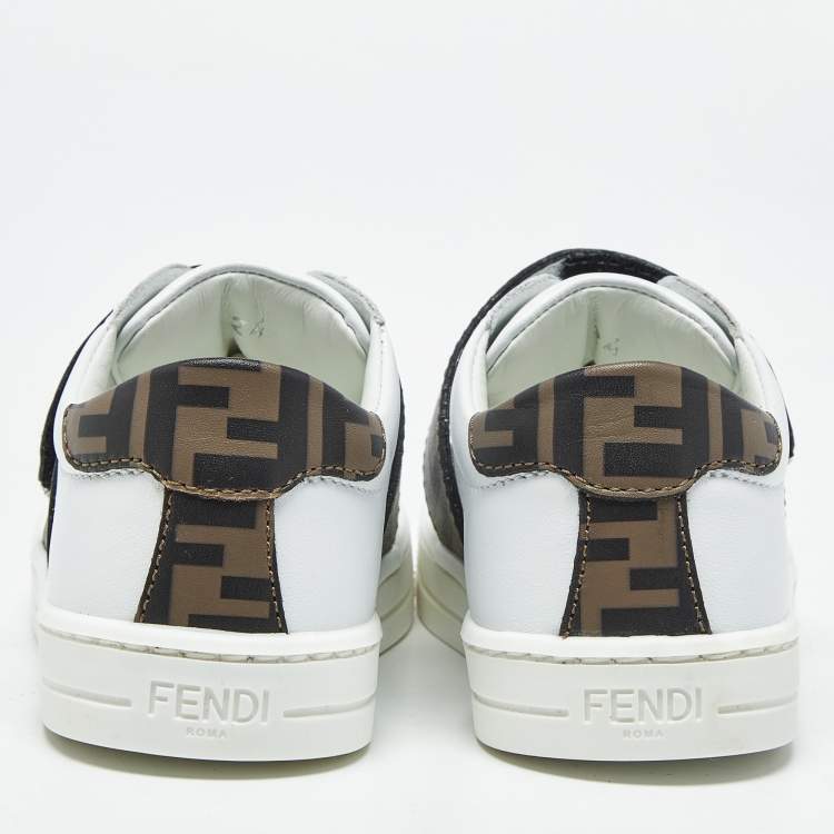 Pre Owned Fendi Brown/White Zucca Leather Logo Strap Sneakers Size 24