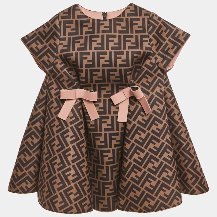 Pre Owned Fendi Kids Brown Zucca Print Knit Bow Detail Dress 18 M