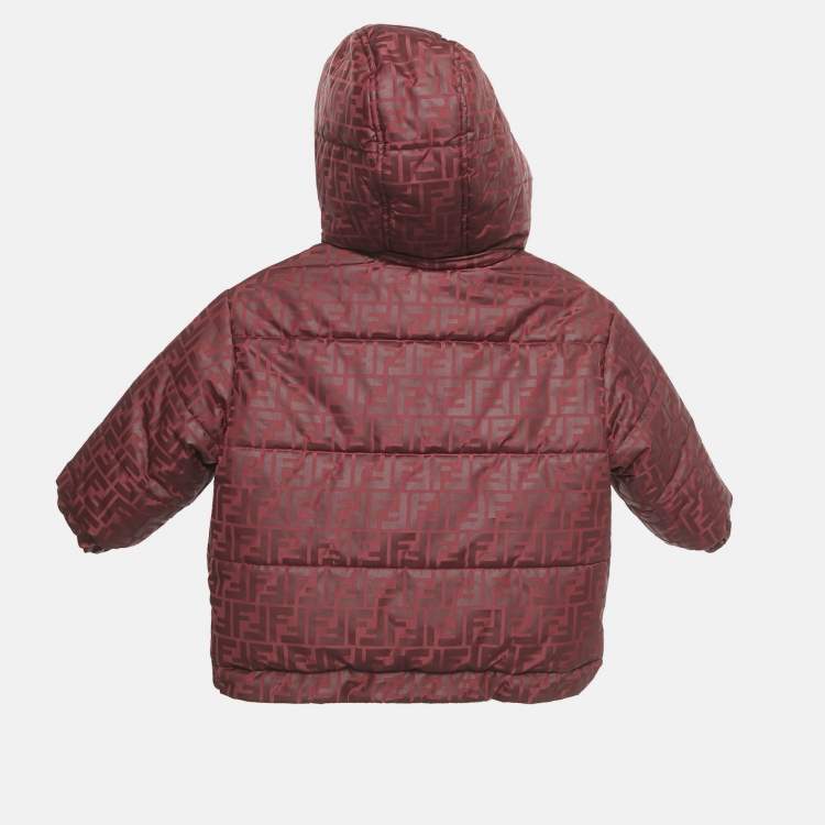Pre Owned Fendi Kids Dark Red Zucca Monogram Print Synthetic Hooded Down Jacket 3 Yrs