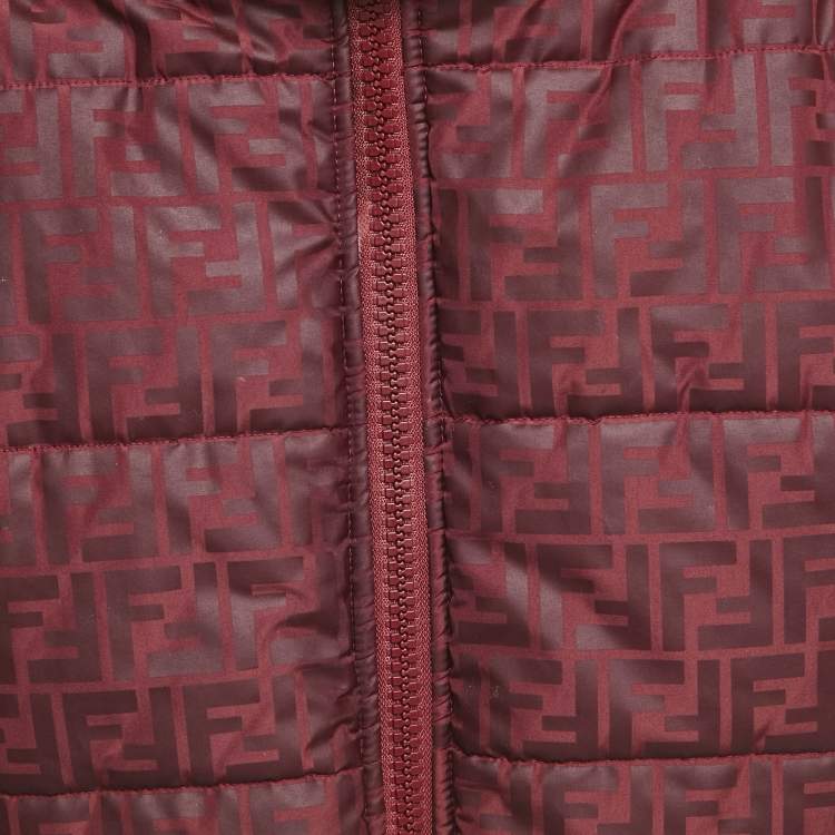 Pre Owned Fendi Kids Dark Red Zucca Monogram Print Synthetic Hooded Down Jacket 3 Yrs