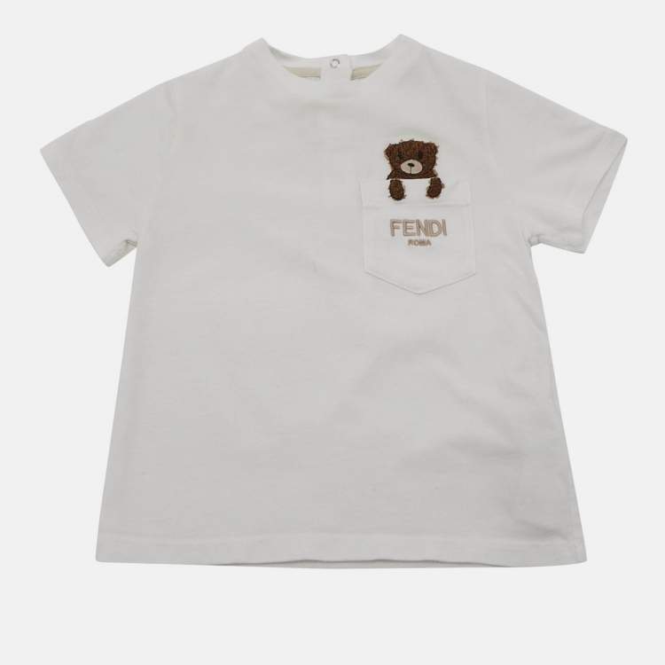 Pre Owned Fendi Kids White Teddy Bear Embroidery Cotton T-Shirt 18 M