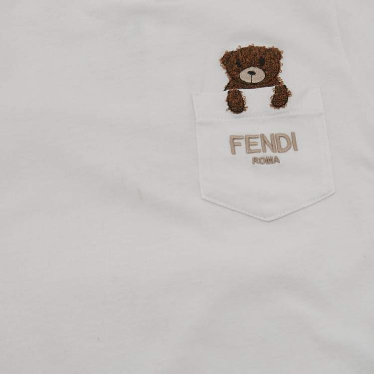 Pre Owned Fendi Kids White Teddy Bear Embroidery Cotton T-Shirt 18 M
